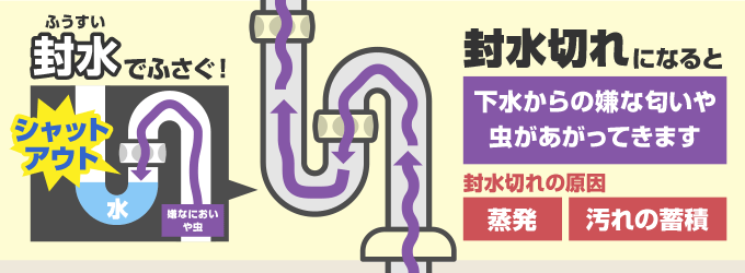考えられる原因2. 封水がなくなっている（封水切れ）